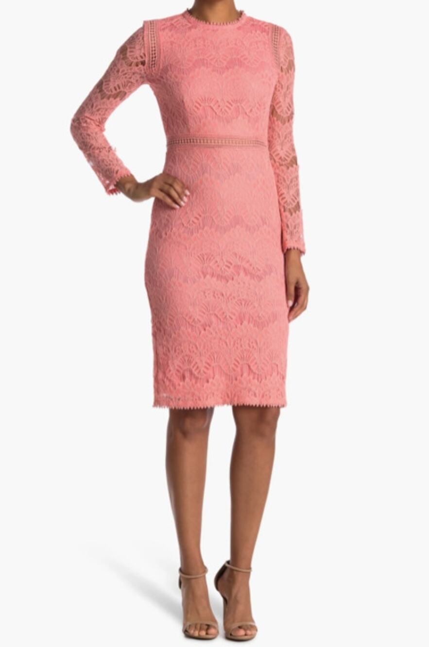 LOVE X DESIGN Women Lace Long Sleeve Midi Dress XS RosePetal Pink Jewel Neck NWT